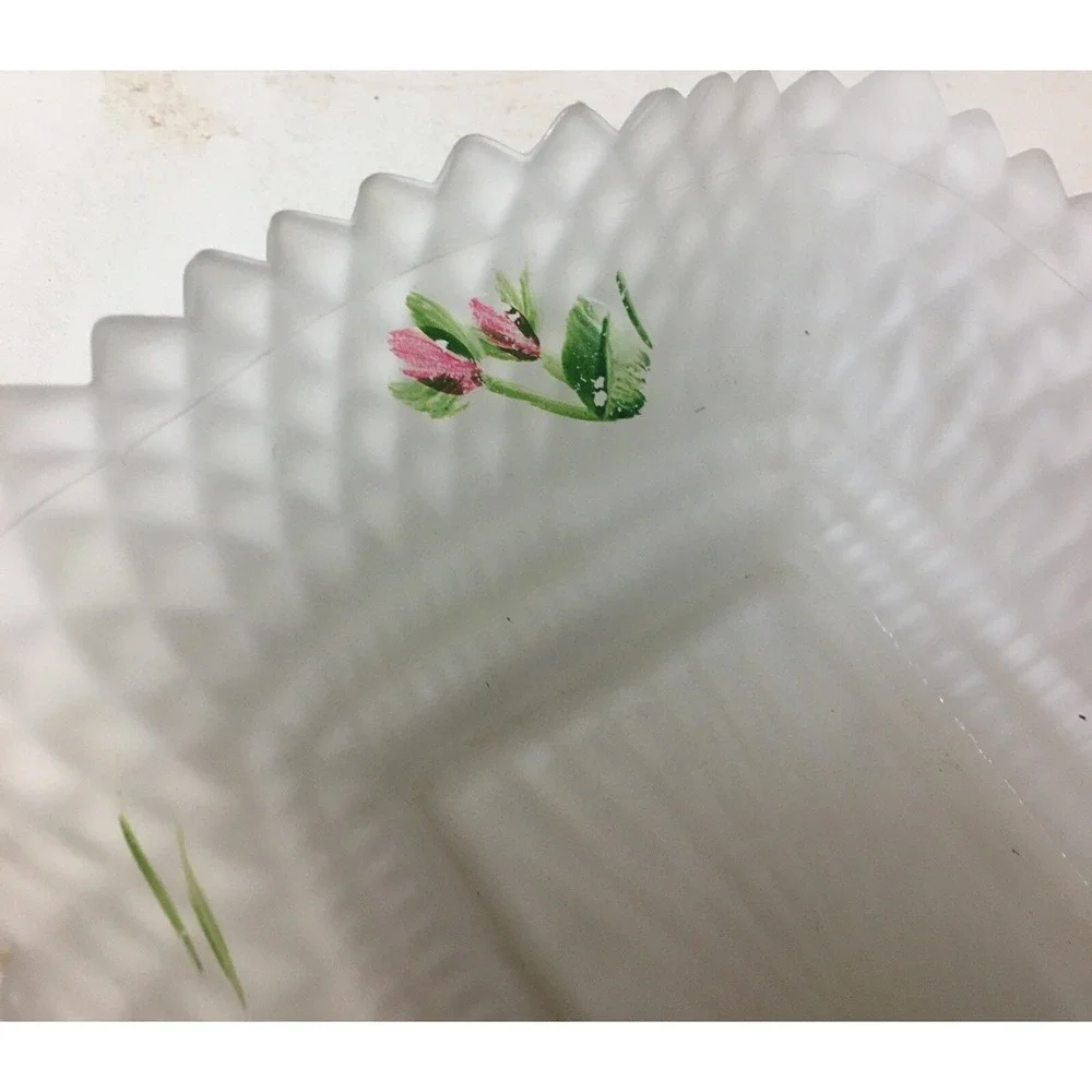 Vintage Pink Roses Frosted Satin Glass Candy Trinket Dish Shabby Chic Cottage